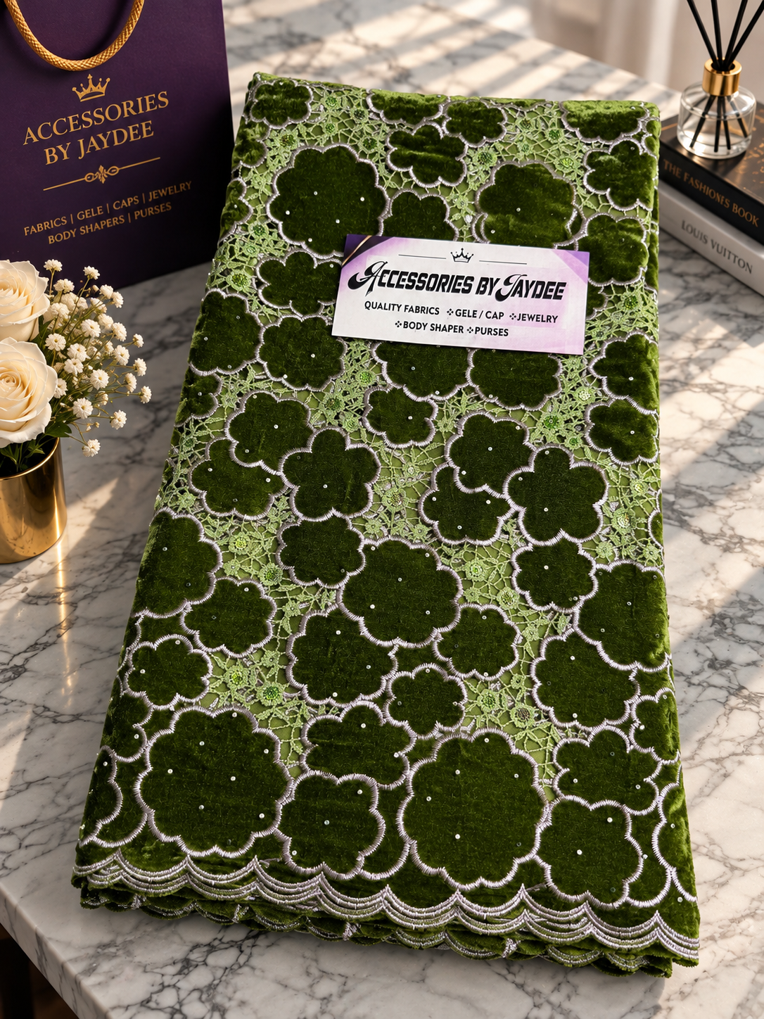 Olive Green Floral Velvet Lace Fabric with Silver Embroidery | African Lace UK 5 yards