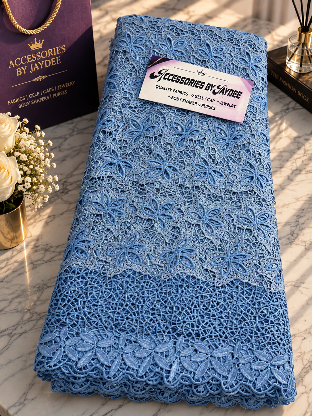 Powder Blue Embroidered Lace Fabric | Premium African Lace 5 yards