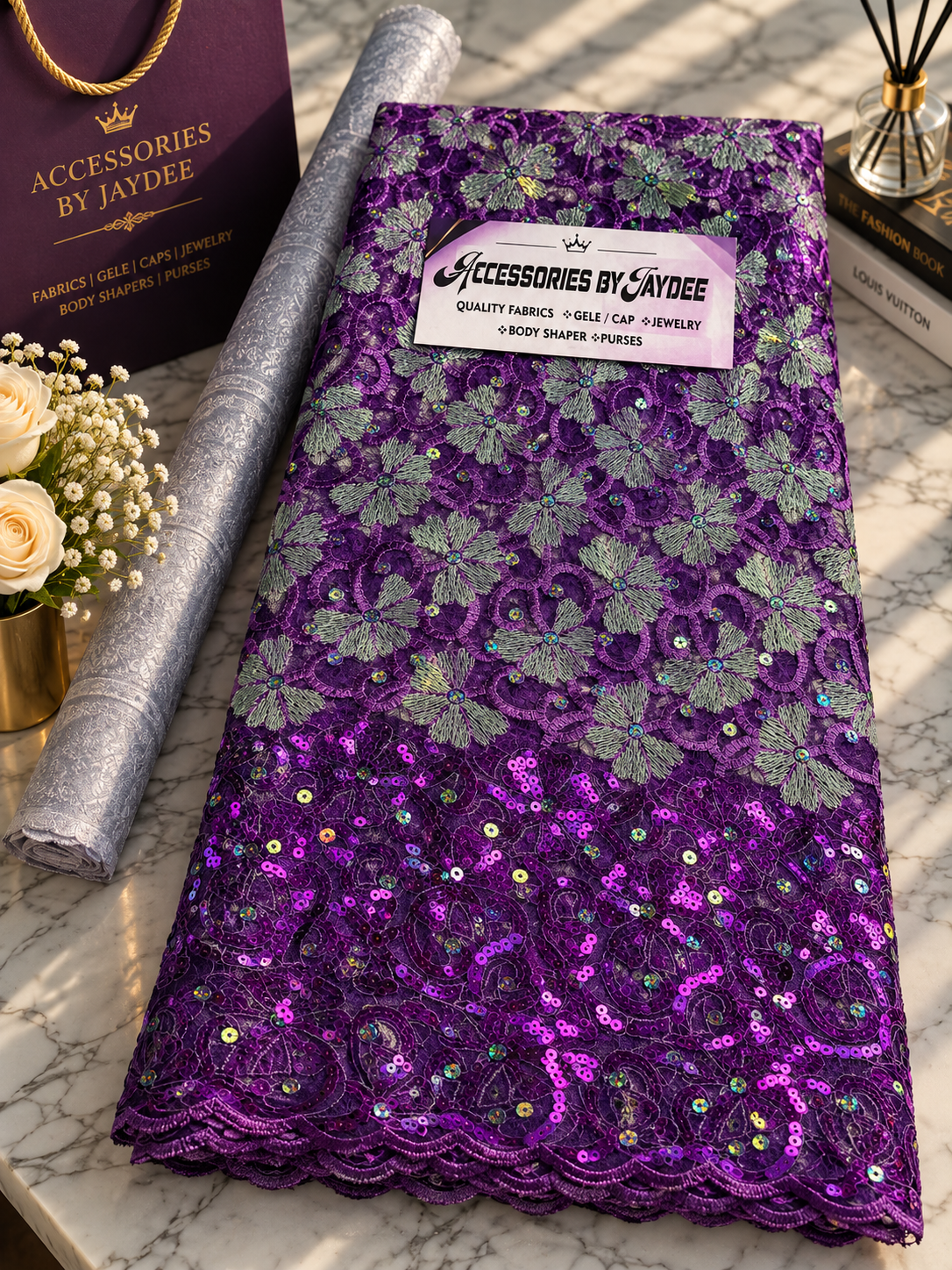 Purple Floral Sequin Lace Fabric with Silver Embroidery | African Lace UK 5 yards