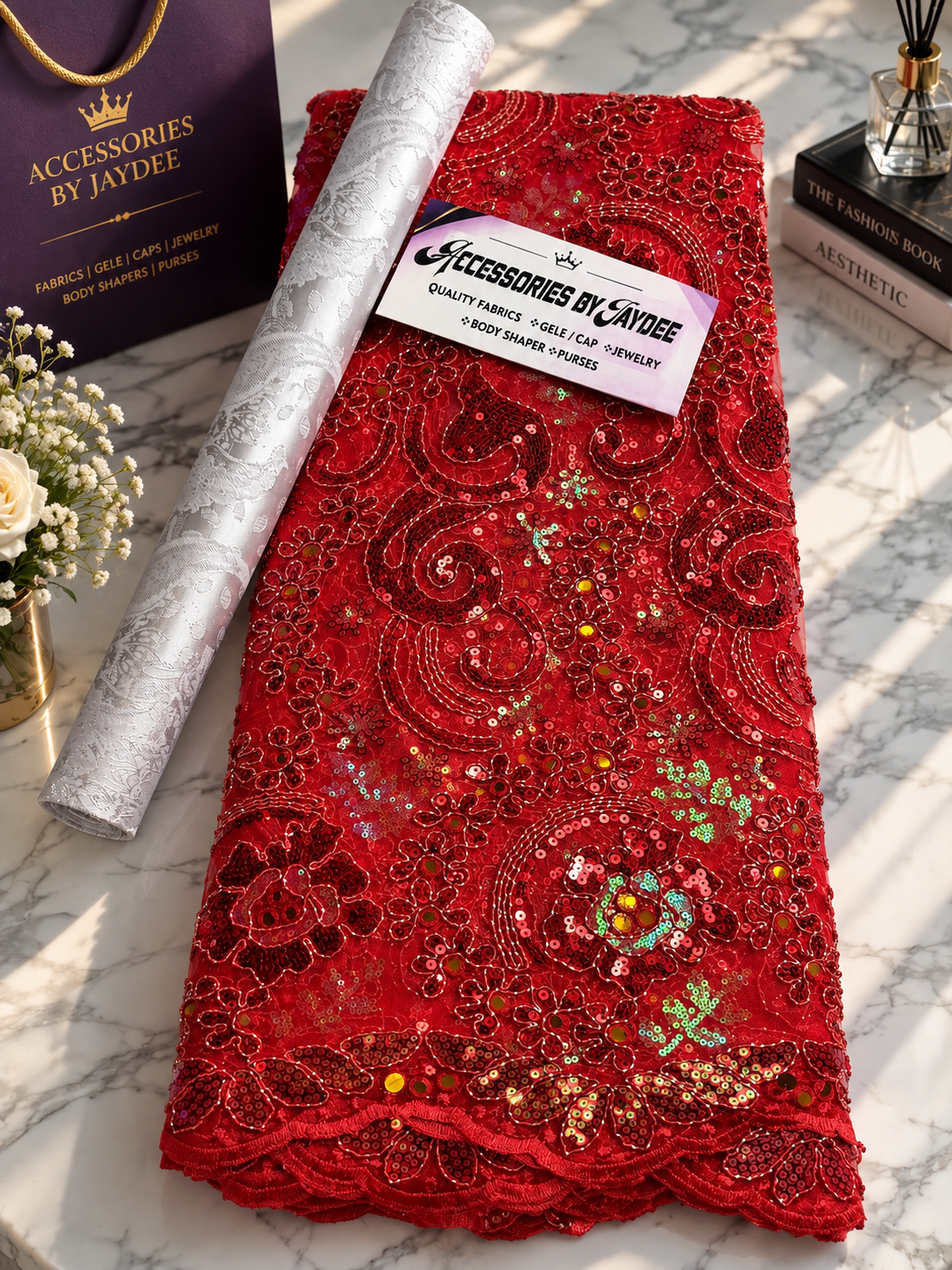 Red Floral Sequin Lace Fabric | Luxury African Lace for Aso Ebi 5 yards