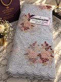White & Peach Floral Sequin Lace Fabric with Wine Embroidery | African Lace UK 5 yards
