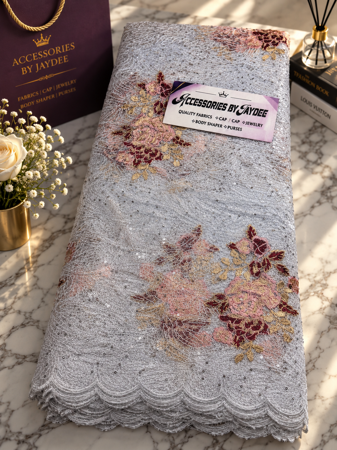 White & Peach Floral Sequin Lace Fabric with Wine Embroidery | African Lace UK 5 yards