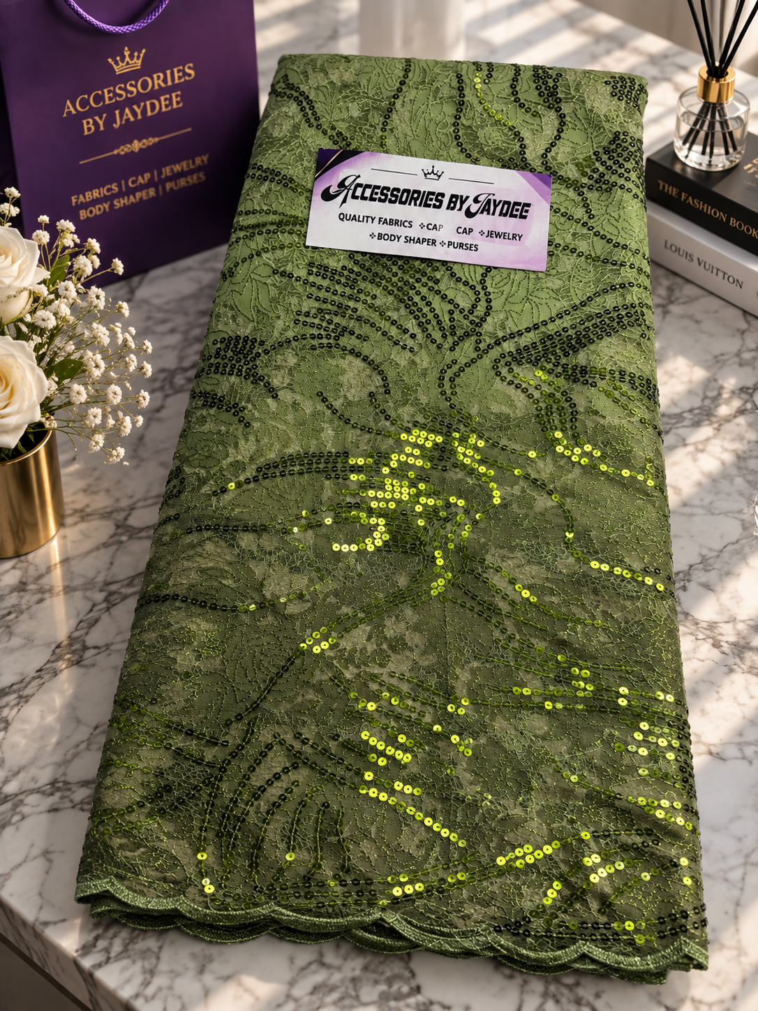 Olive Green Sequin Lace Fabric | Luxury African Lace UK for Aso Ebi & Occasionwear 5 yards