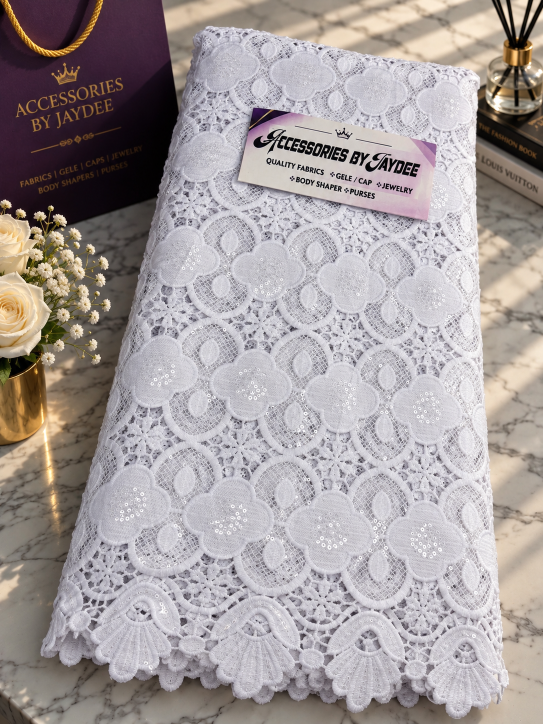 White Floral Sequin Cord Lace Fabric | Luxury African Lace for Aso Ebi 5 yards